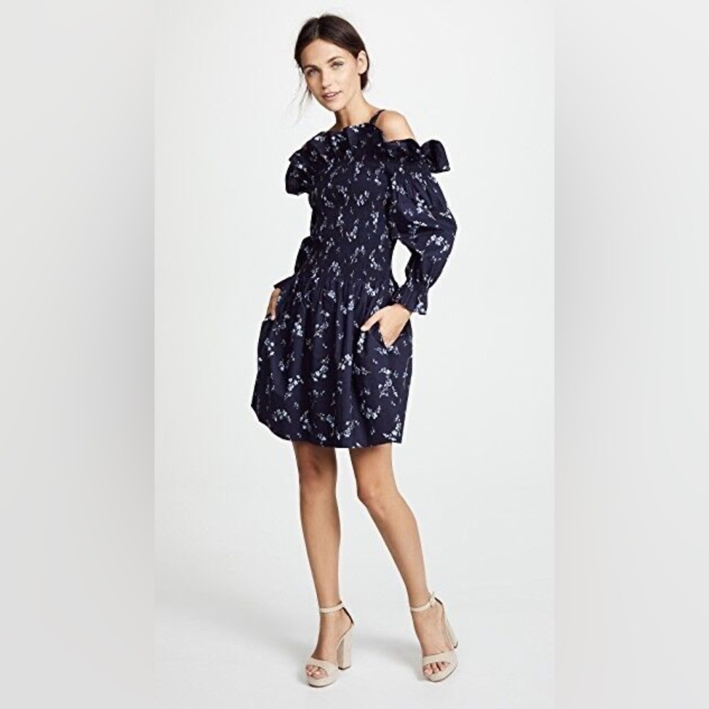 REBECCA TAYLOR Francine Off Cold Shoulder Smocked Ruffle Floral Dress size 8
